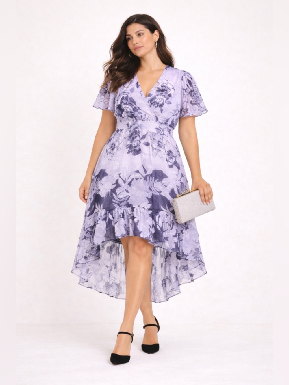 Vince Camuto Lavender Floral High Low Flounce Sleeve Midi Dress Romantic Sz 22W